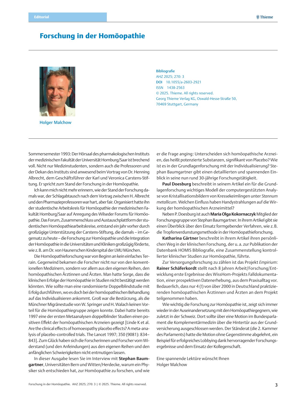 Editorial - Forschung in der Homöopathie